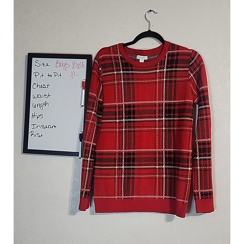 Charter Club Youth Boys Sweater sz XL Red Plaid Crew Neck Knit Christmas